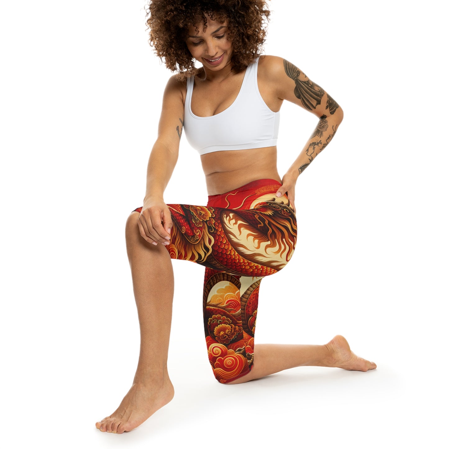 "Golden Dragon Dance in the Crimson Twilight" - Capri Shorts