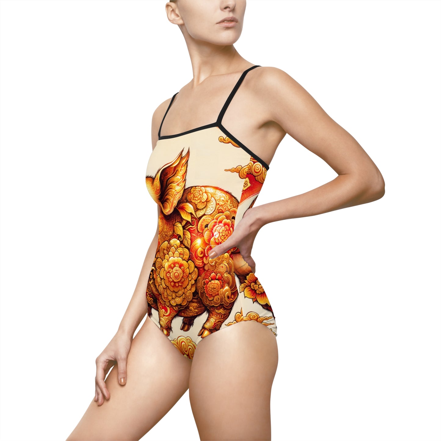 "Golden Prosperity: The Divine Swine Celebration" - Openback Swimsuit