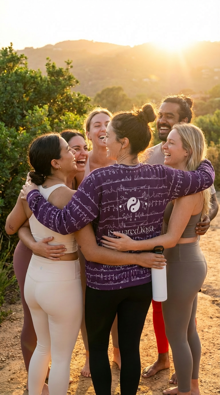 Group of people hugging outdoors with a scenic background