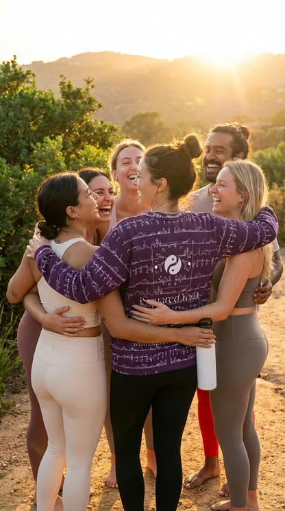 Group of people hugging outdoors with a scenic background