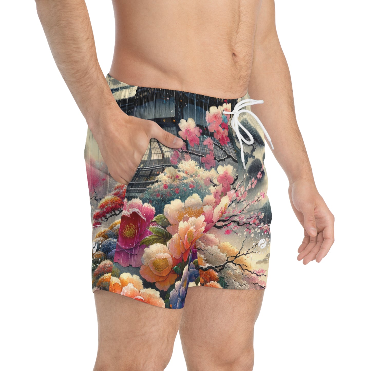 "Rain-drenched Sakura Spectrum" - Swim Trunks for Men