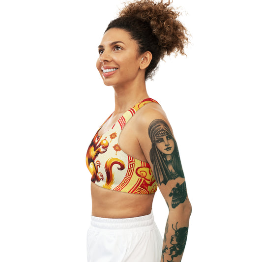 "Golden Simian Serenity in Scarlet Radiance" - Seamless Sports Bra