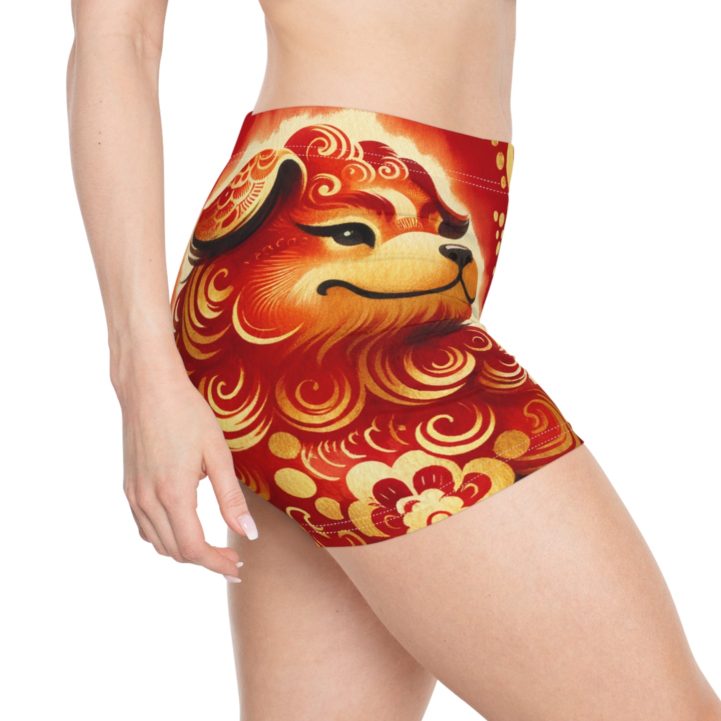 "Golden Canine Emissary on Crimson Tide: A Chinese New Year Odyssey" - Mini Hot Yoga Short