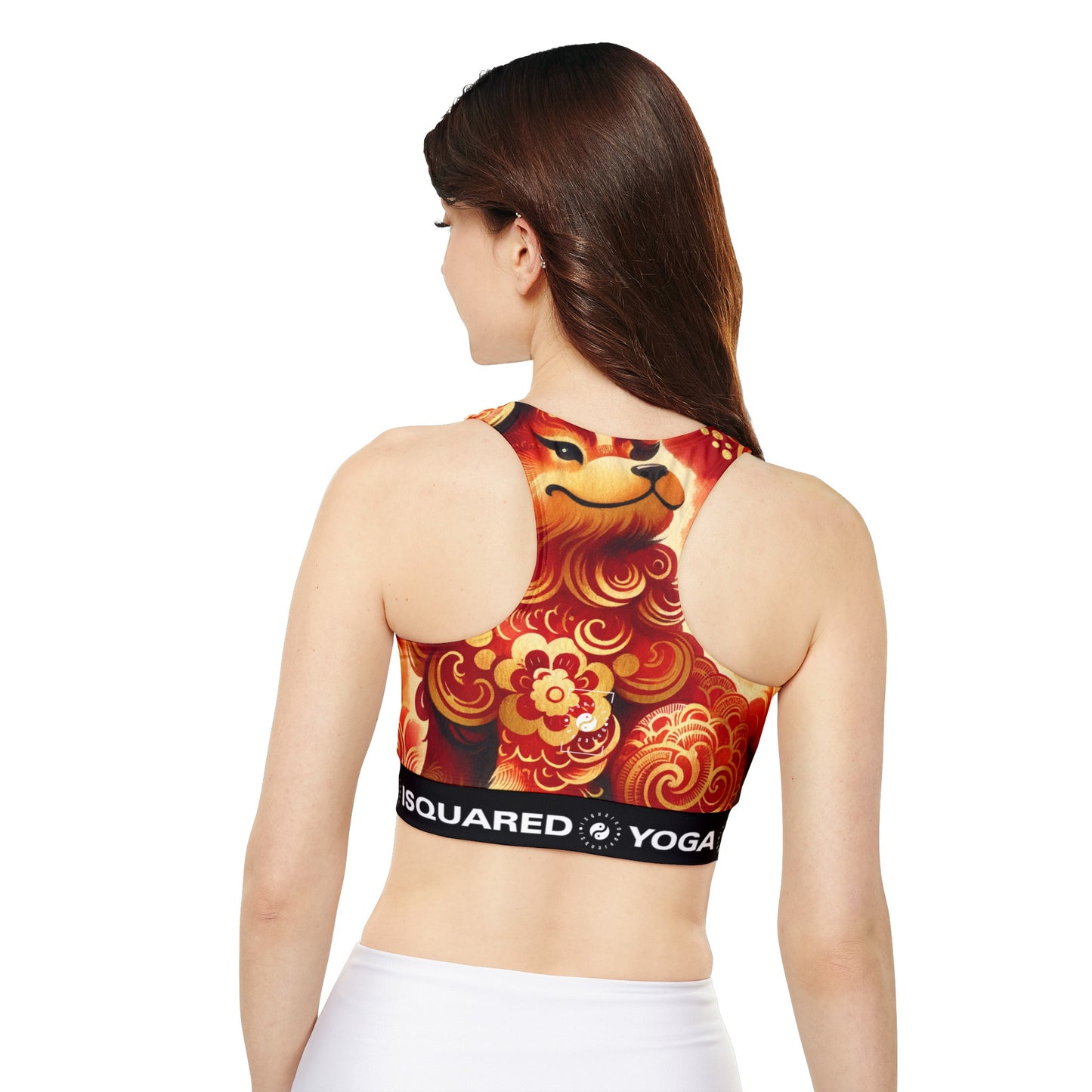 "Golden Canine Emissary on Crimson Tide: A Chinese New Year Odyssey" - Lined & Padded Sports Bra