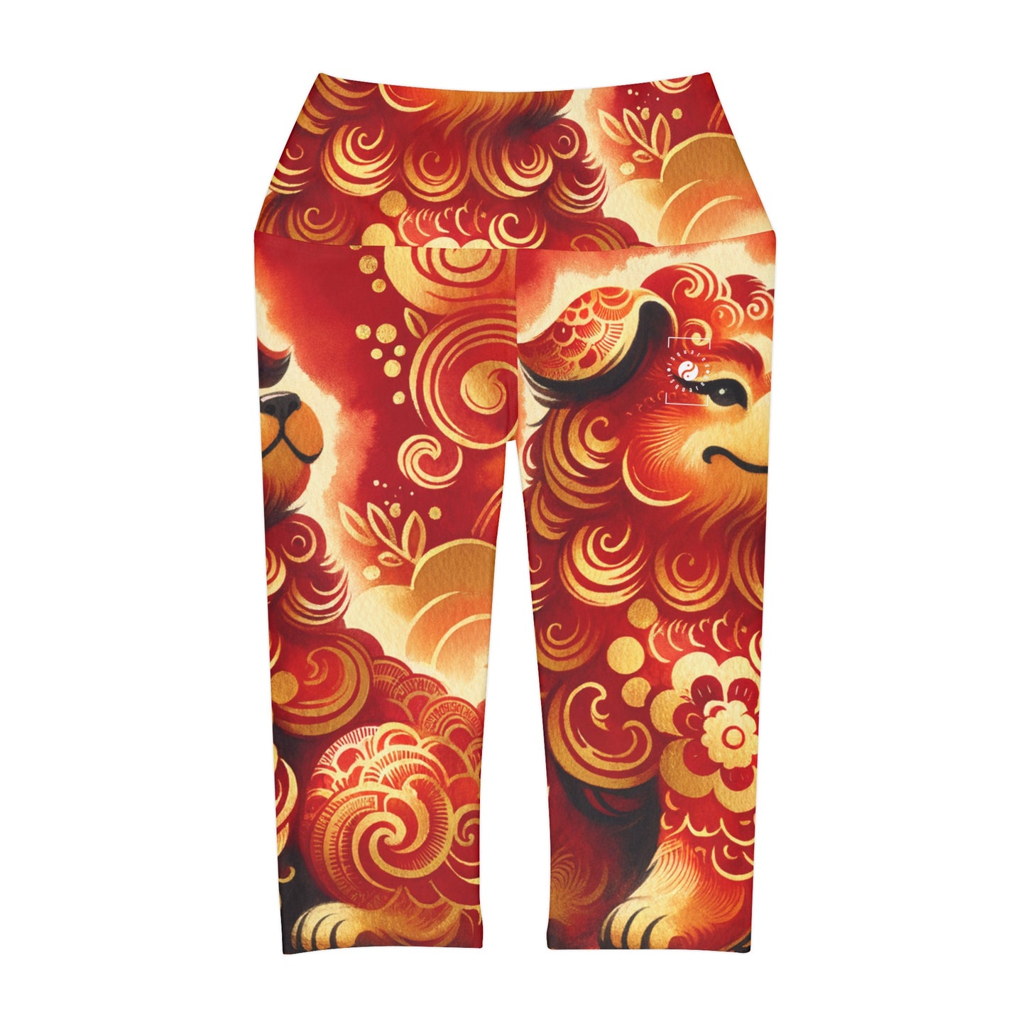 "Golden Canine Emissary on Crimson Tide: A Chinese New Year Odyssey" - High Waisted Capri Leggings