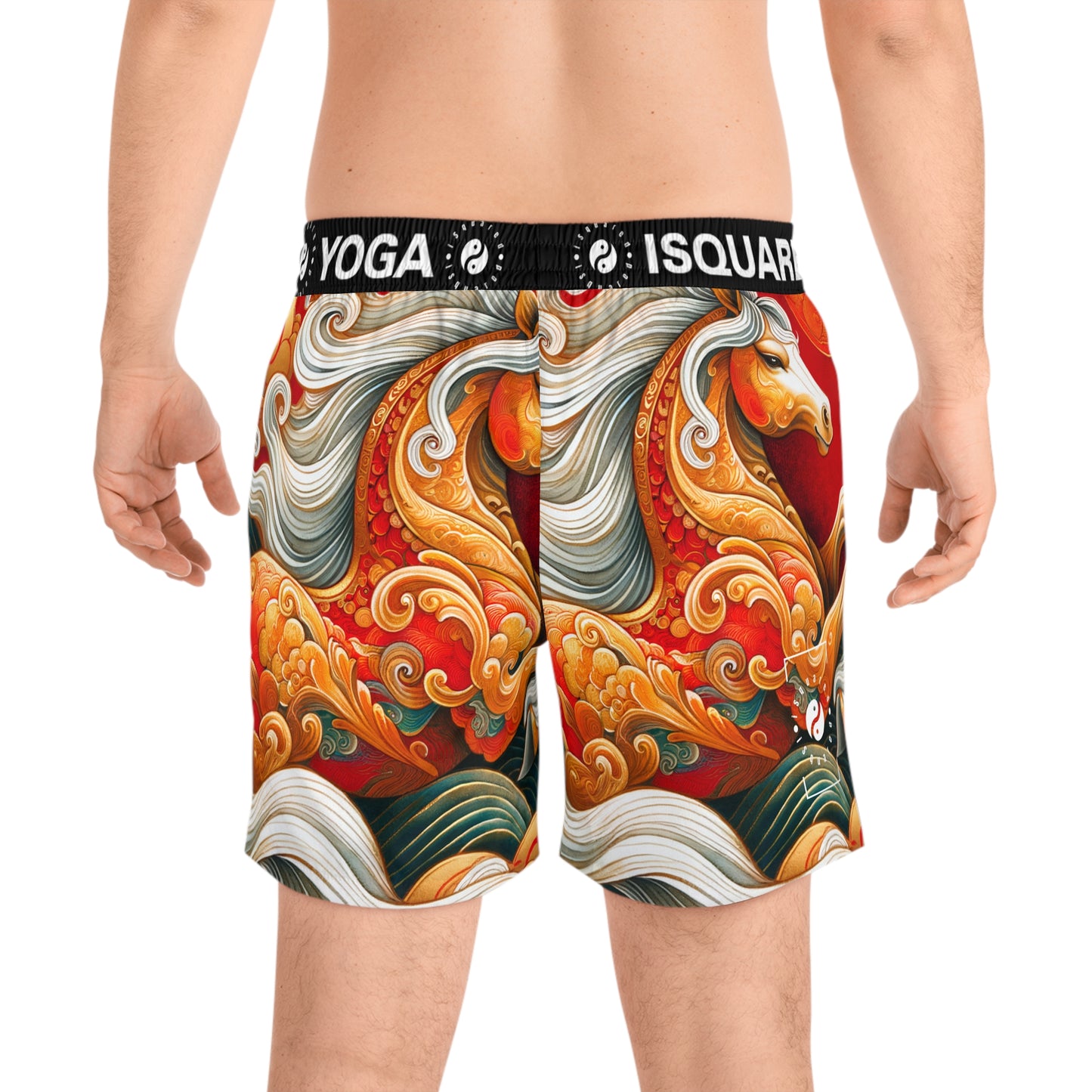 "Gold Gallop on Vermilion Vista: A Lunar New Year’s Ode" - Swim Shorts (Mid-Length) for Men