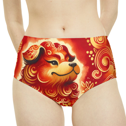 "Golden Canine Emissary on Crimson Tide: A Chinese New Year Odyssey" - High Waisted Bikini Bottom