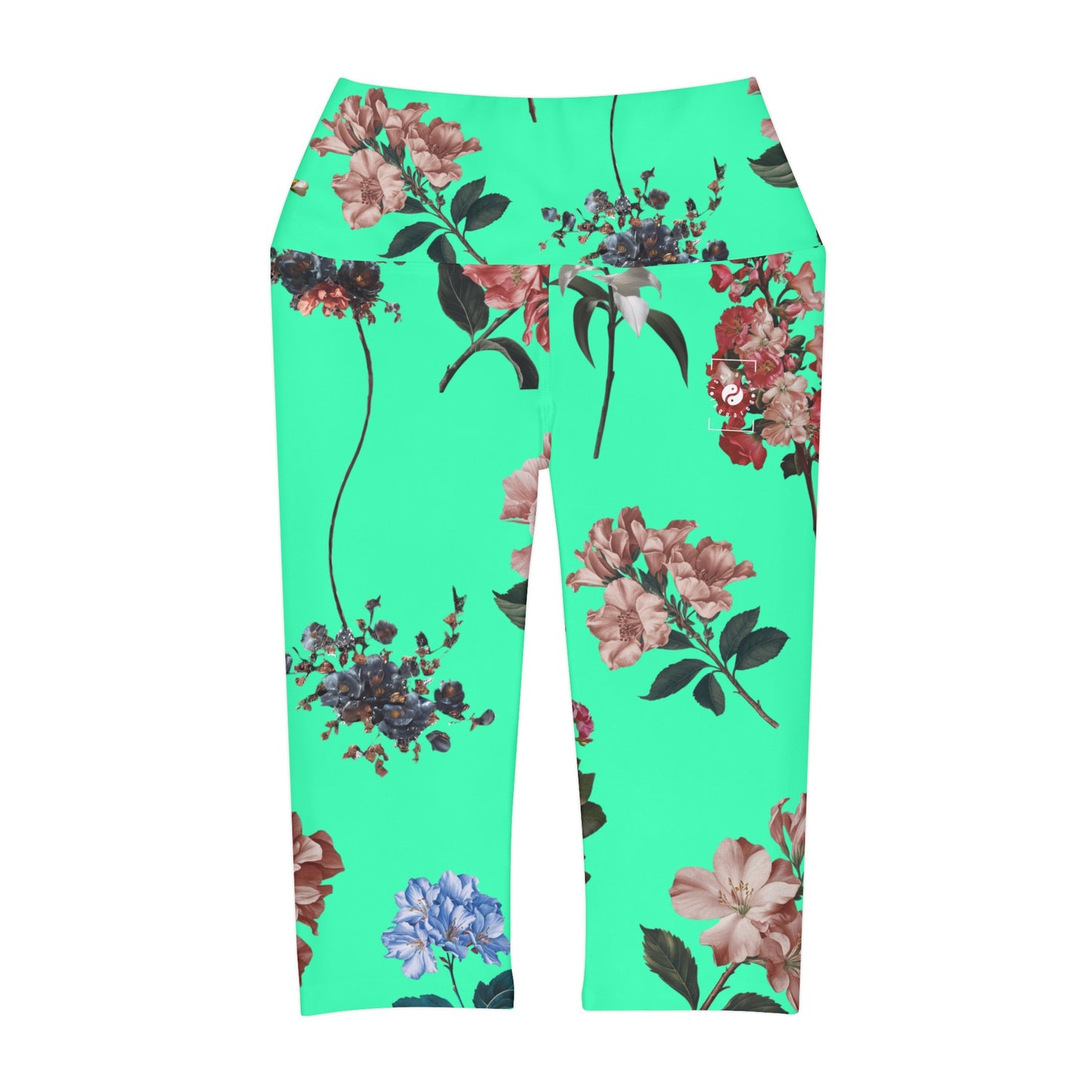 Botanicals on Turquoise - High Waisted Capri Leggings