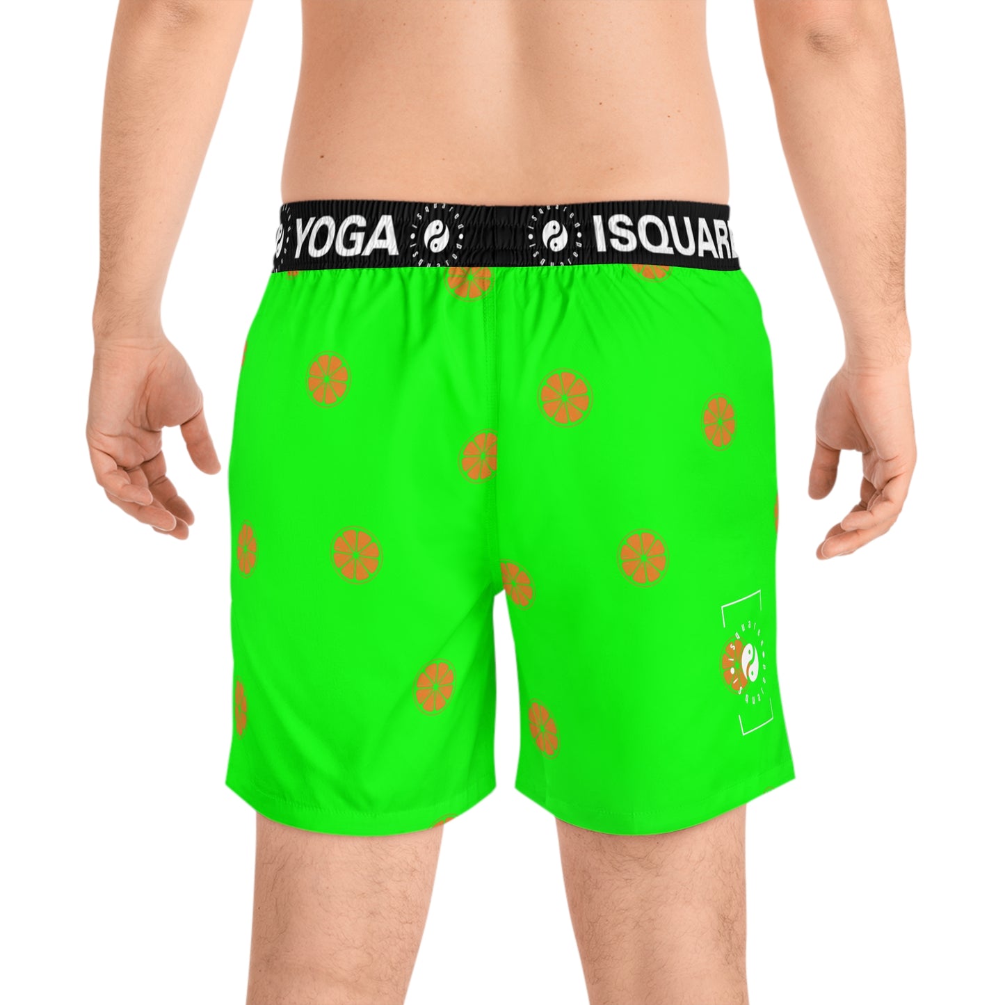 #05FD00 Lime Green + Mandarin - Swim Shorts (Mid-Length) for Men