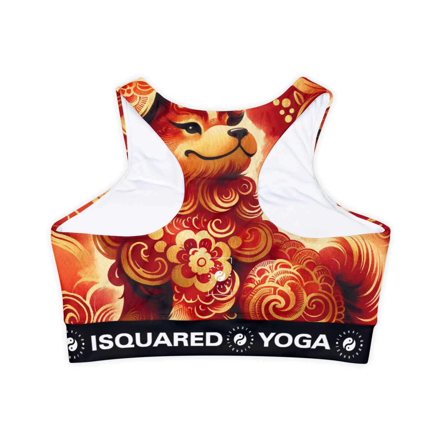 "Golden Canine Emissary on Crimson Tide: A Chinese New Year Odyssey" - Lined & Padded Sports Bra