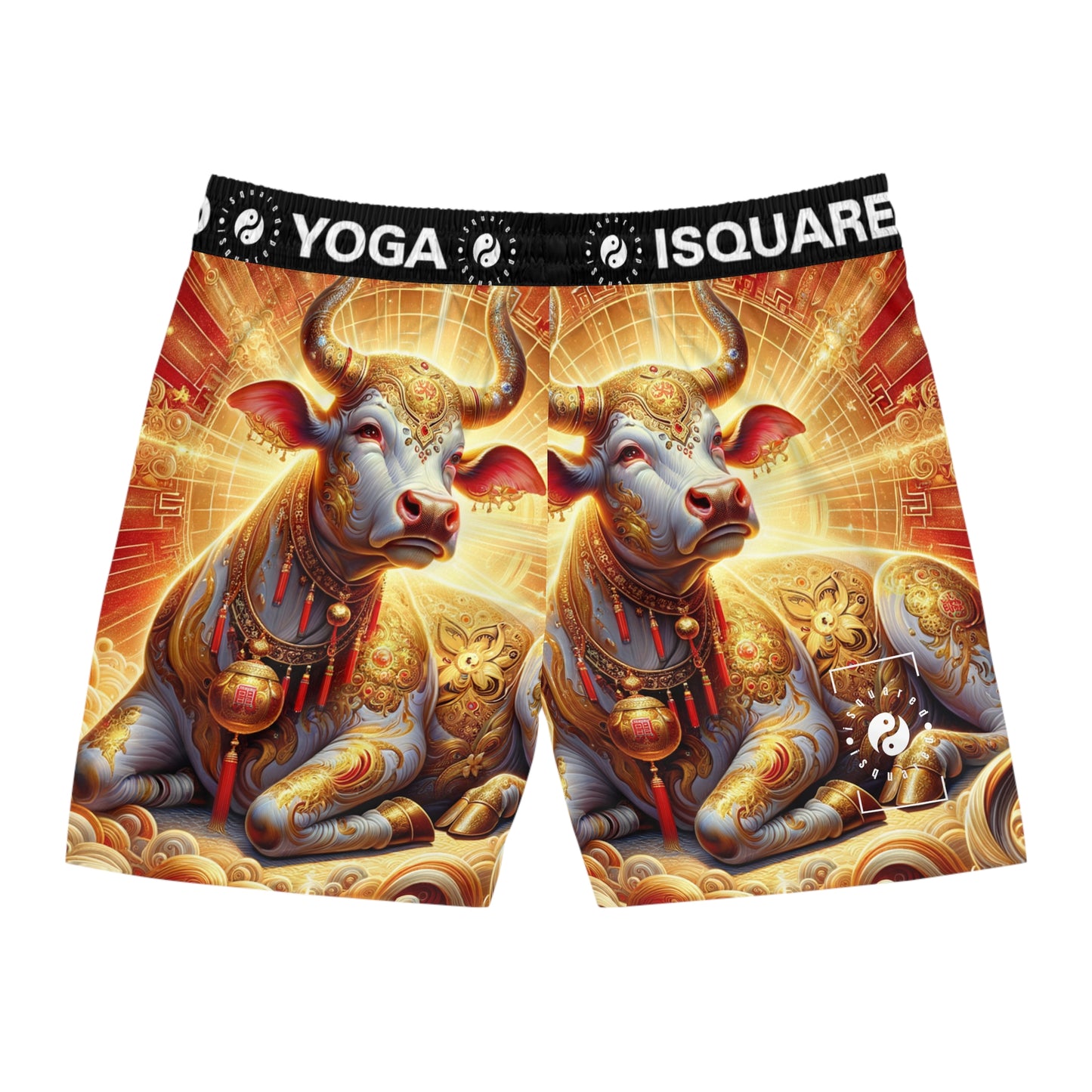 "Golden Euphoria: A Dance of the Divine Bovine" - Swim Shorts (Mid-Length) for Men