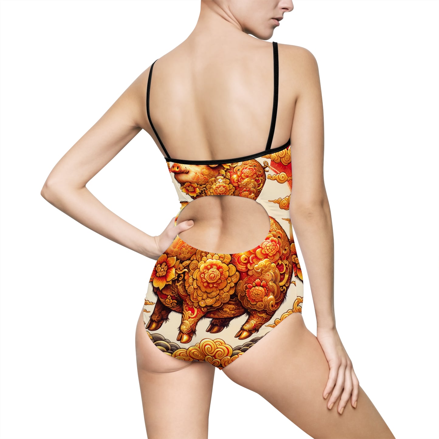 "Golden Prosperity: The Divine Swine Celebration" - Openback Swimsuit