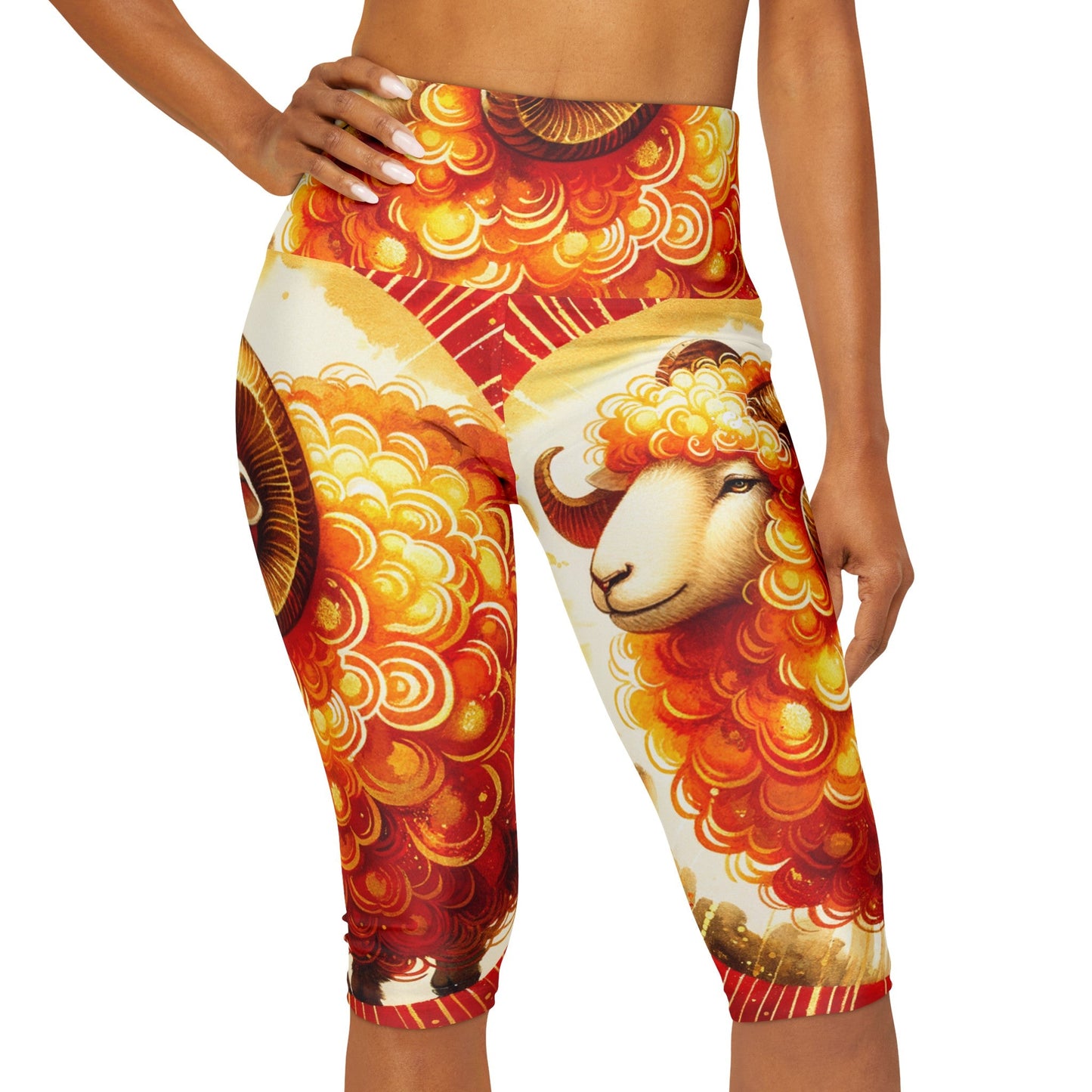 "Auspicious Gold of Divine Ewe: A Lunar New Year Revelry" - High Waisted Capri Leggings - iSquaredYoga