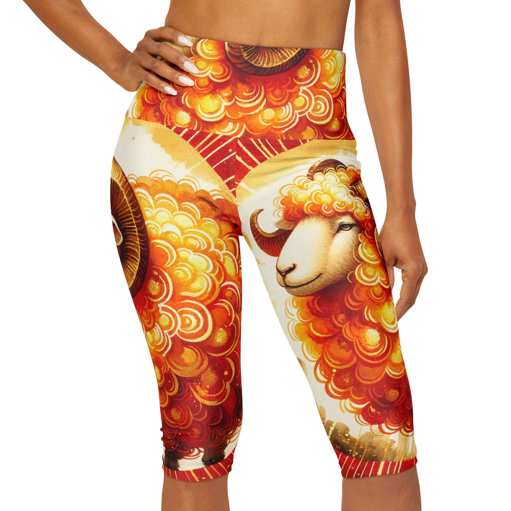 "Auspicious Gold of Divine Ewe: A Lunar New Year Revelry" - High Waisted Capri Leggings - iSquaredYoga