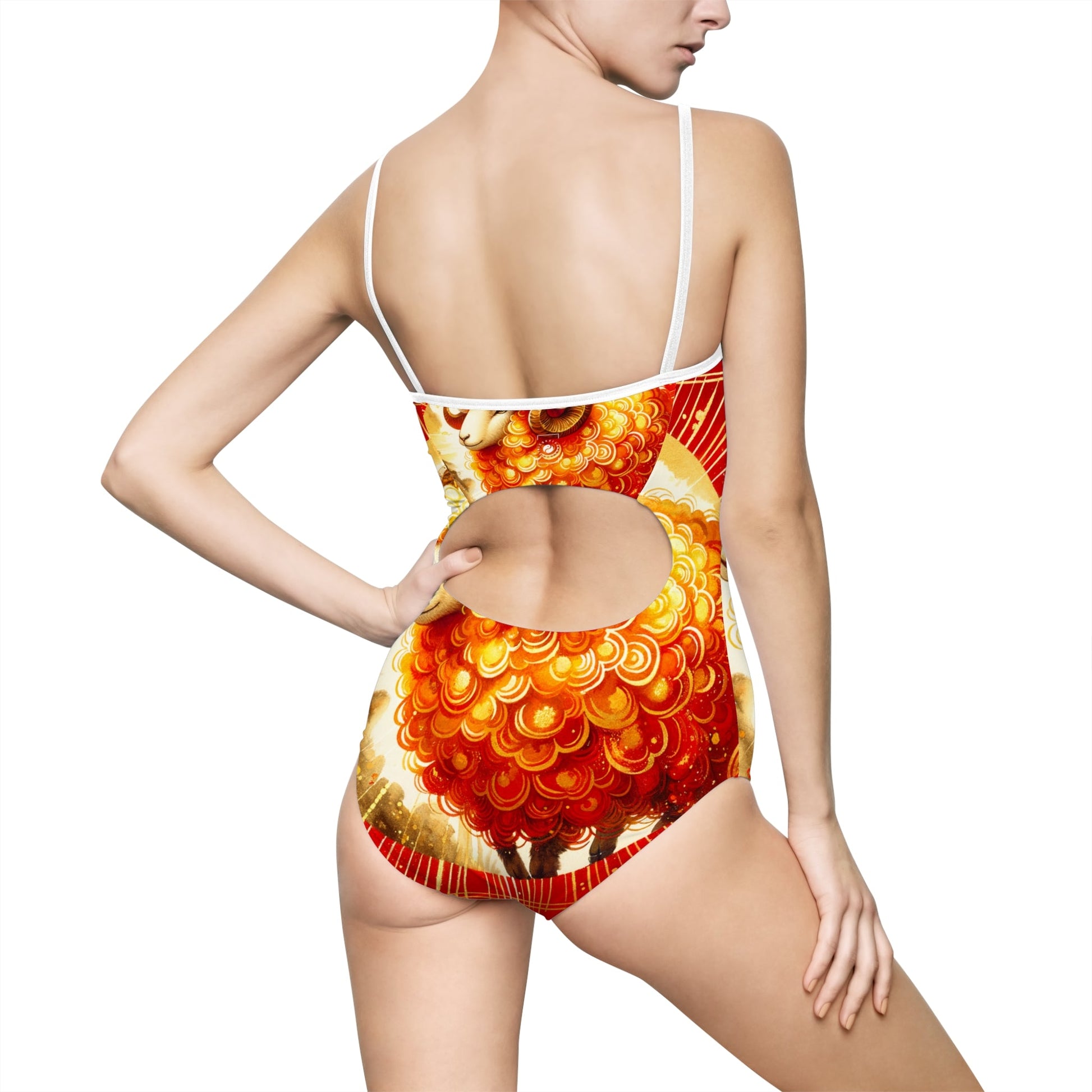 "Auspicious Gold of Divine Ewe: A Lunar New Year Revelry" - Openback Swimsuit - iSquaredYoga