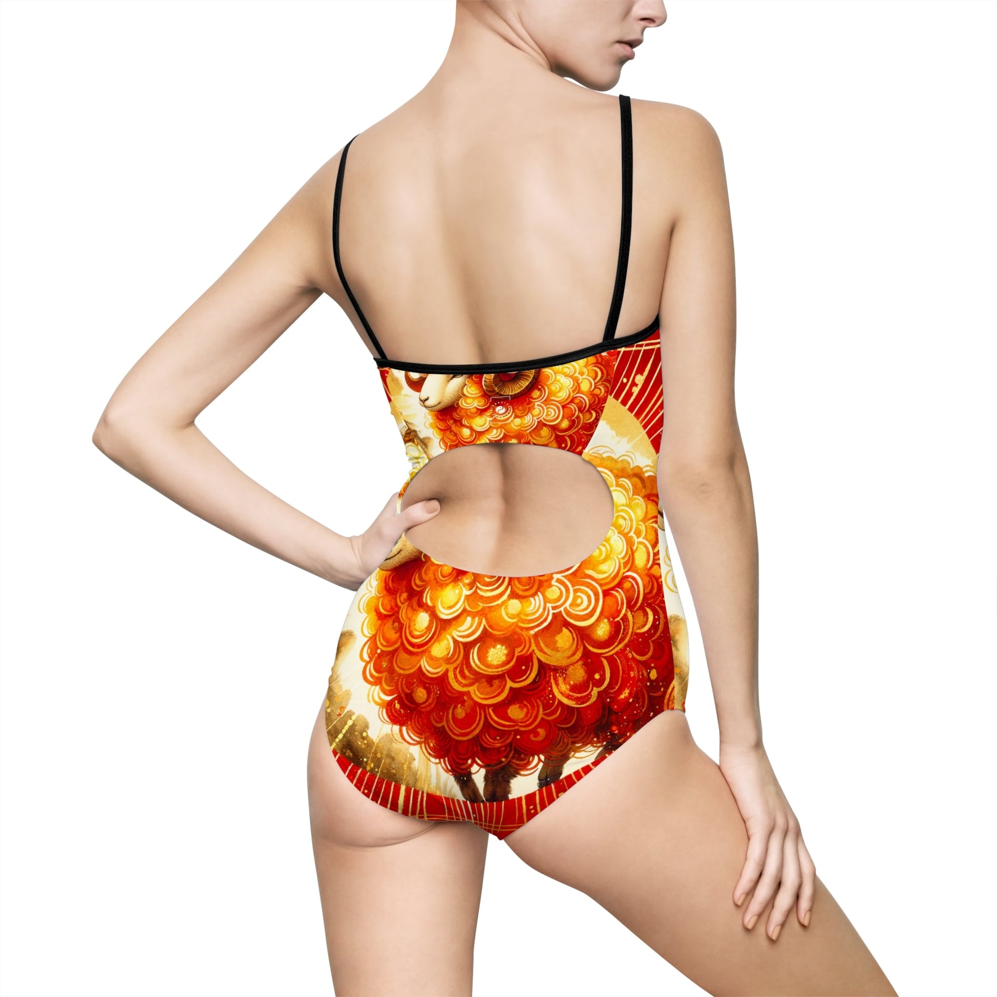 "Auspicious Gold of Divine Ewe: A Lunar New Year Revelry" - Openback Swimsuit - iSquaredYoga