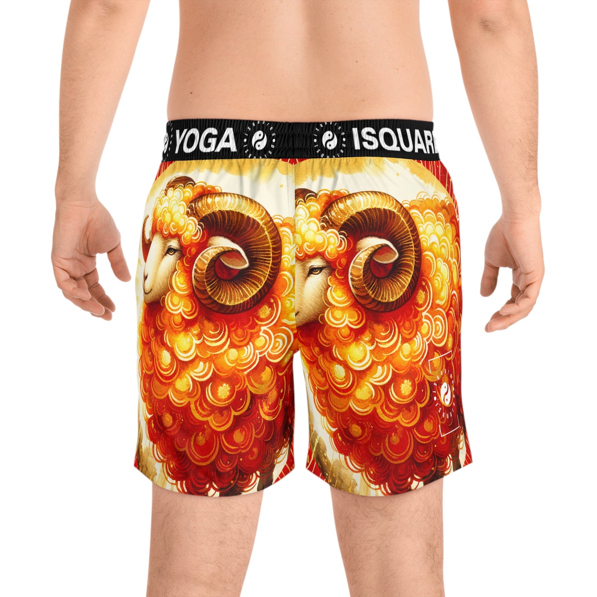 "Auspicious Gold of Divine Ewe: A Lunar New Year Revelry" - Swim Shorts (Mid - Length) for Men - iSquaredYoga