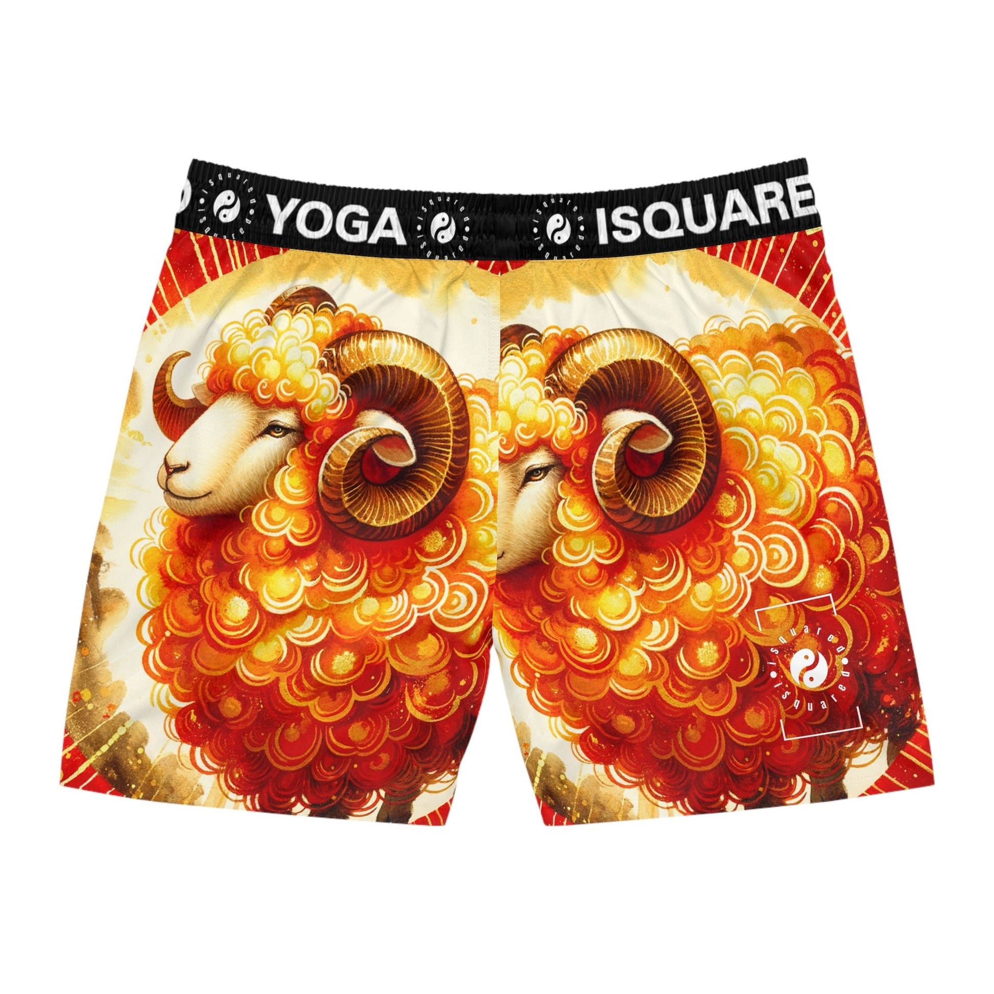 "Auspicious Gold of Divine Ewe: A Lunar New Year Revelry" - Swim Shorts (Mid - Length) for Men - iSquaredYoga