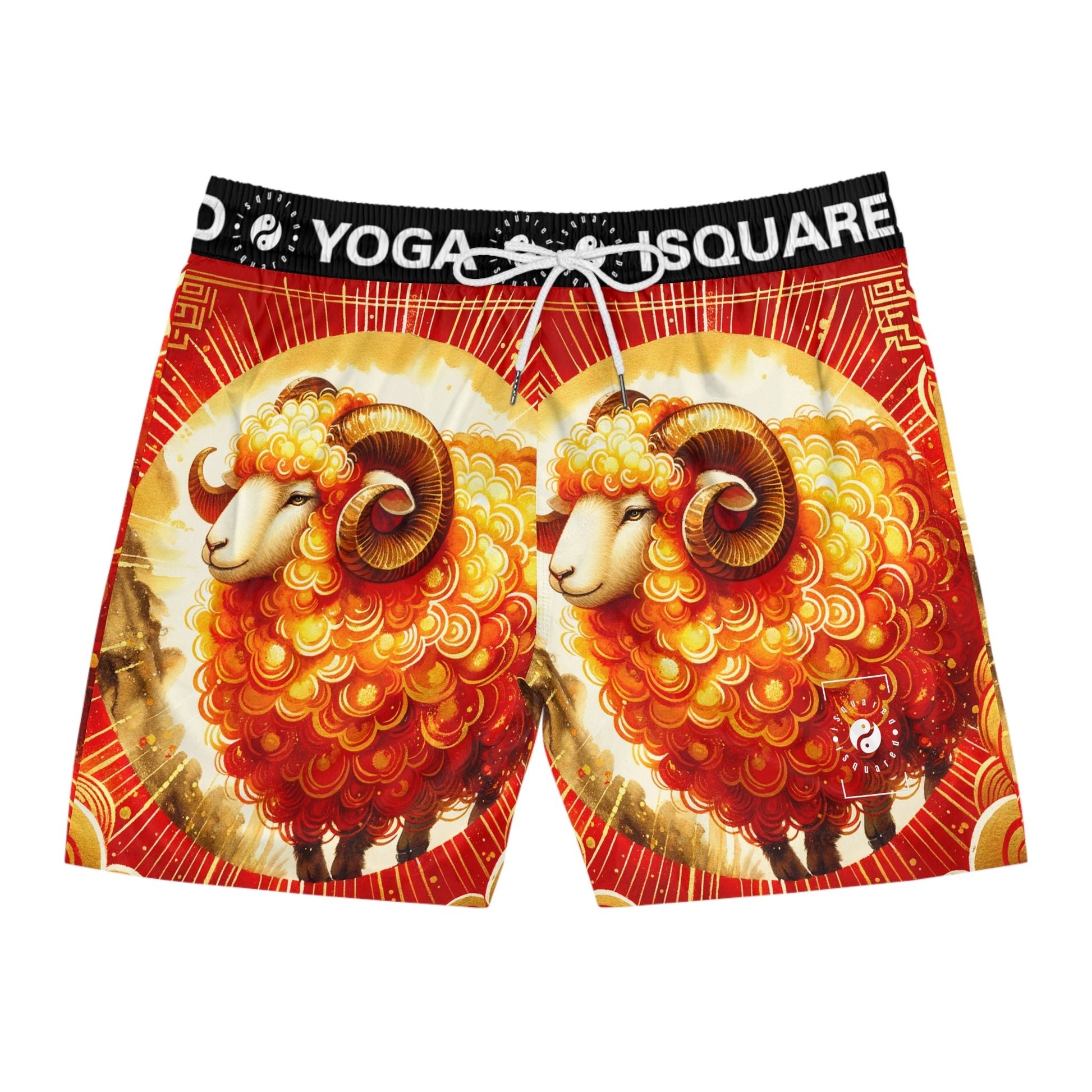 "Auspicious Gold of Divine Ewe: A Lunar New Year Revelry" - Swim Shorts (Mid - Length) for Men - iSquaredYoga