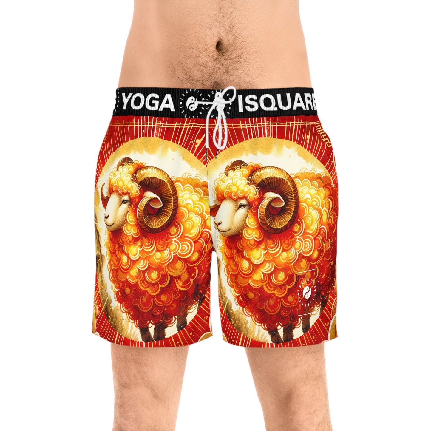 "Auspicious Gold of Divine Ewe: A Lunar New Year Revelry" - Swim Shorts (Mid - Length) for Men - iSquaredYoga