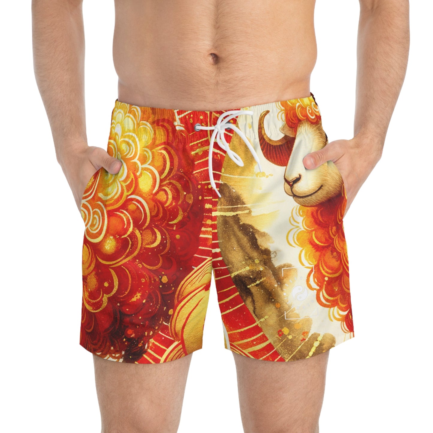 "Auspicious Gold of Divine Ewe: A Lunar New Year Revelry" - Swim Trunks for Men - iSquaredYoga