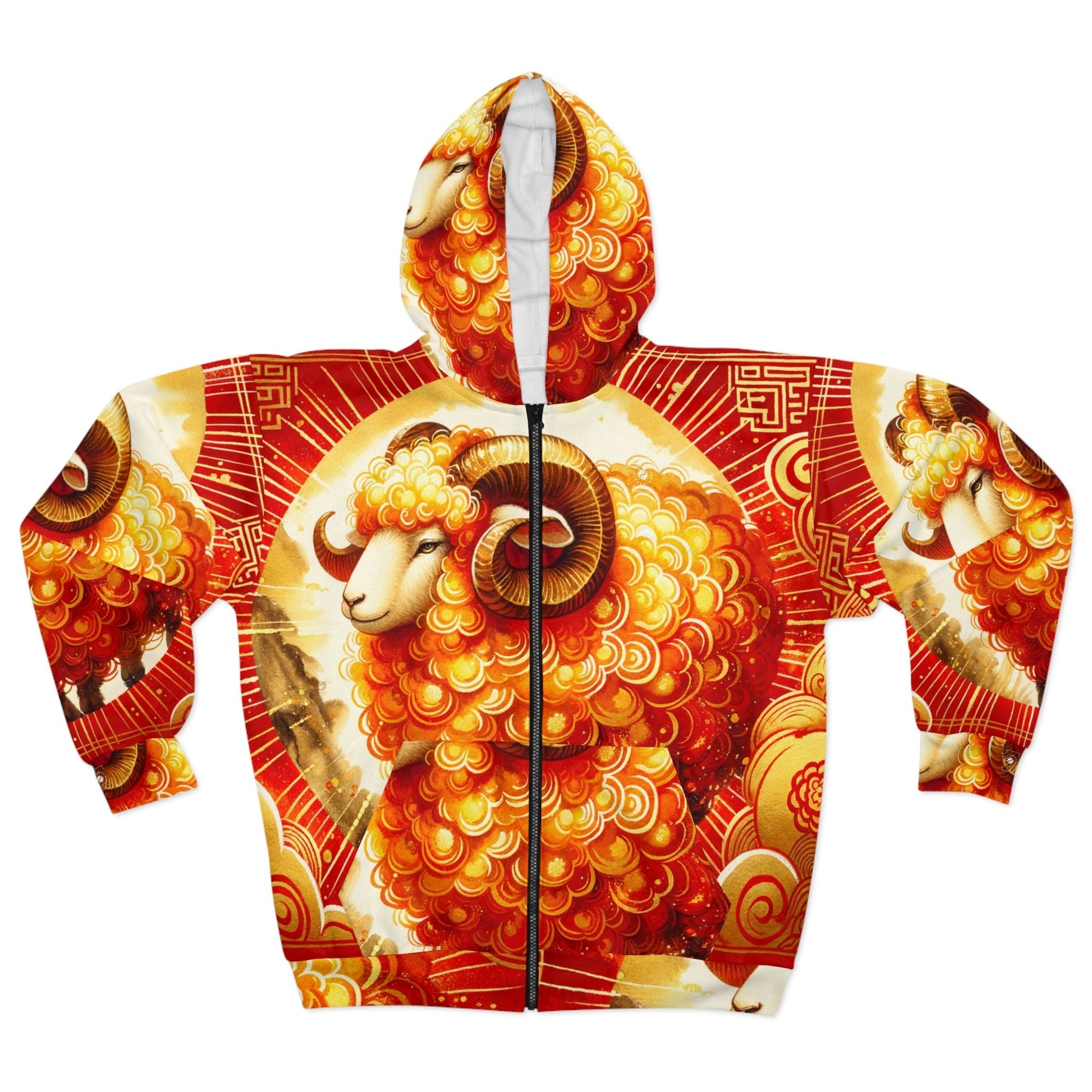 "Auspicious Gold of Divine Ewe: A Lunar New Year Revelry" - Zip Hoodie - iSquaredYoga