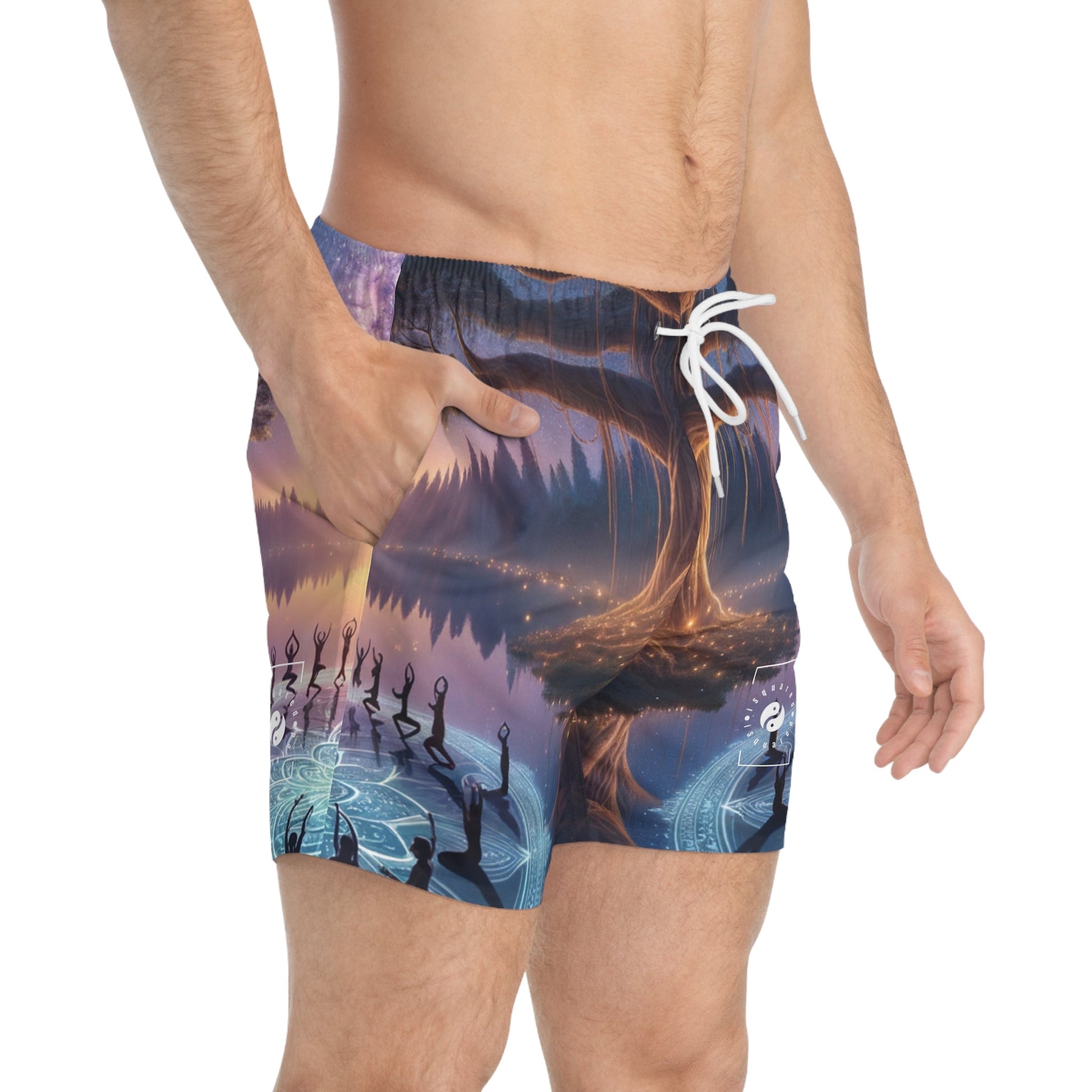 "Celestial Serenity: Mandala's Reflection" - Swim Trunks for Men - iSquaredYoga