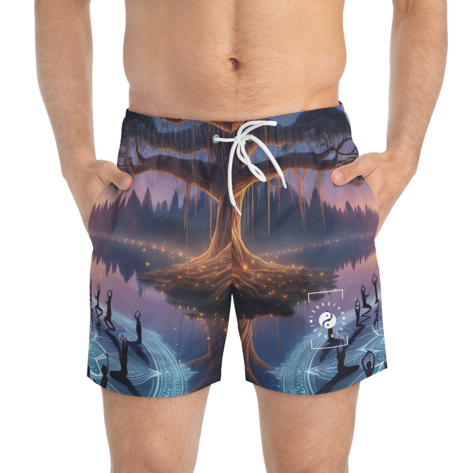 "Celestial Serenity: Mandala's Reflection" - Swim Trunks for Men - iSquaredYoga