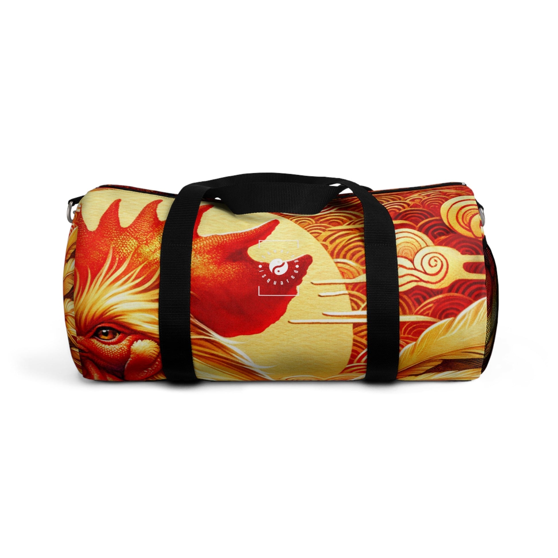 "Crimson Dawn: The Golden Rooster's Rebirth" - Duffle Bag - iSquaredYoga