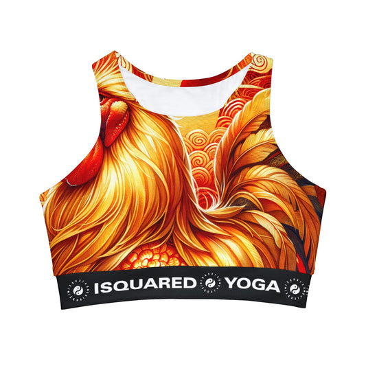 "Crimson Dawn: The Golden Rooster's Rebirth" - High Neck Crop Top - iSquaredYoga