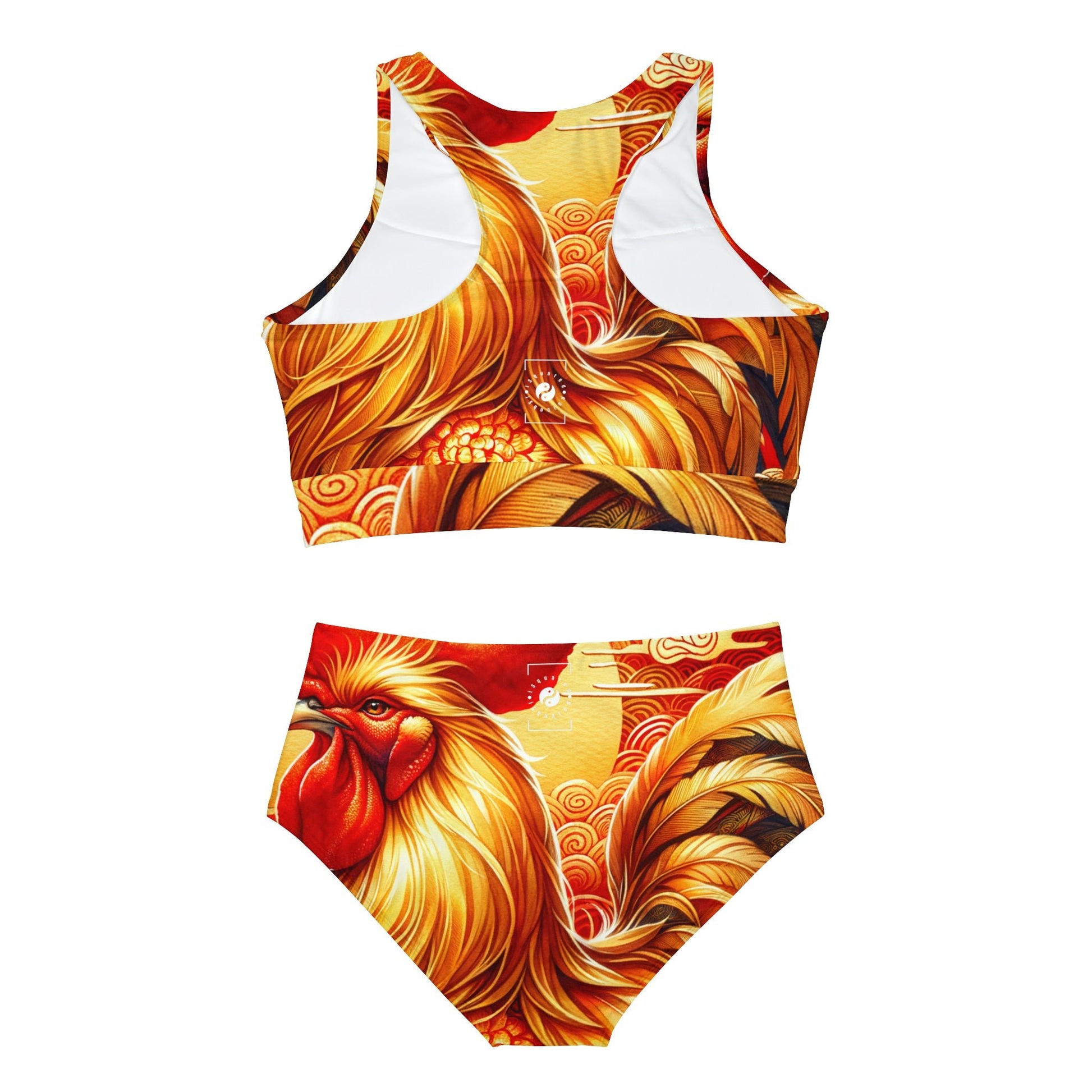 "Crimson Dawn: The Golden Rooster's Rebirth" - Hot Yoga Bikini Set - iSquaredYoga