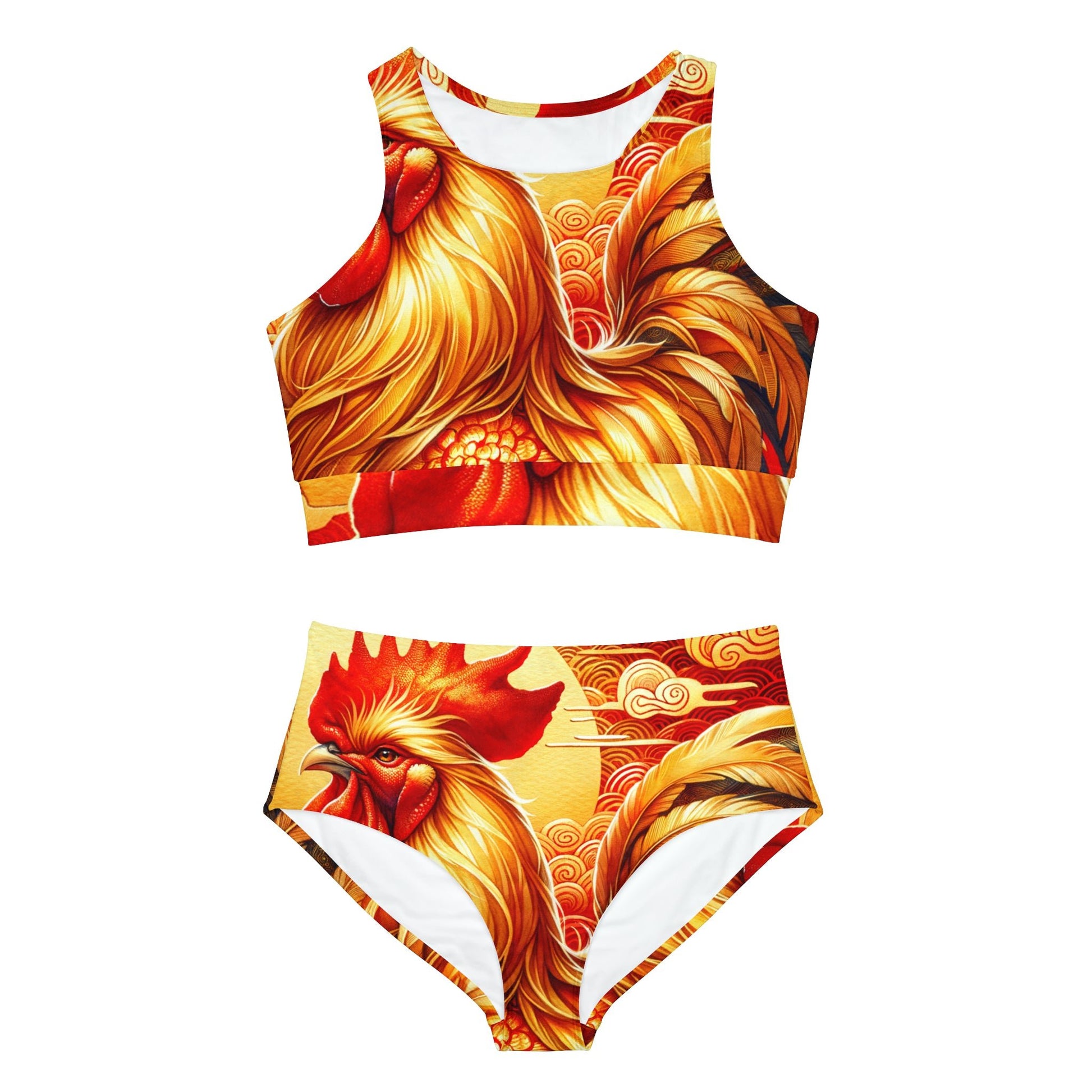 "Crimson Dawn: The Golden Rooster's Rebirth" - Hot Yoga Bikini Set - iSquaredYoga