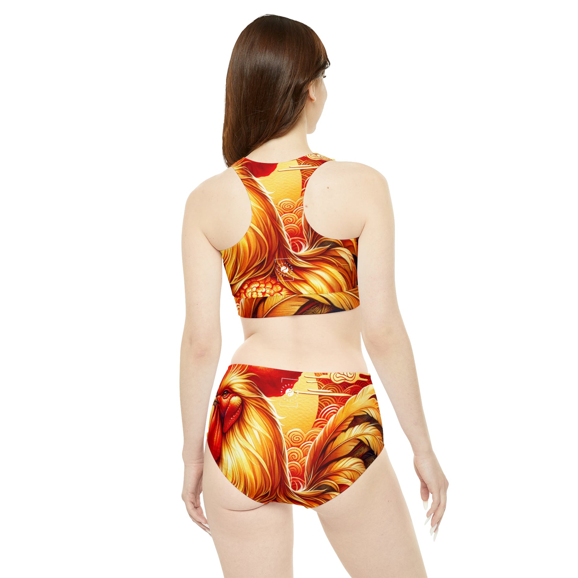 "Crimson Dawn: The Golden Rooster's Rebirth" - Hot Yoga Bikini Set - iSquaredYoga