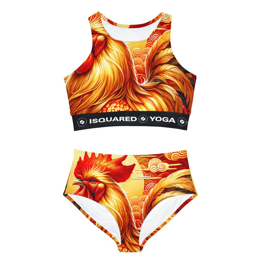 "Crimson Dawn: The Golden Rooster's Rebirth" - Hot Yoga Bikini Set - iSquaredYoga