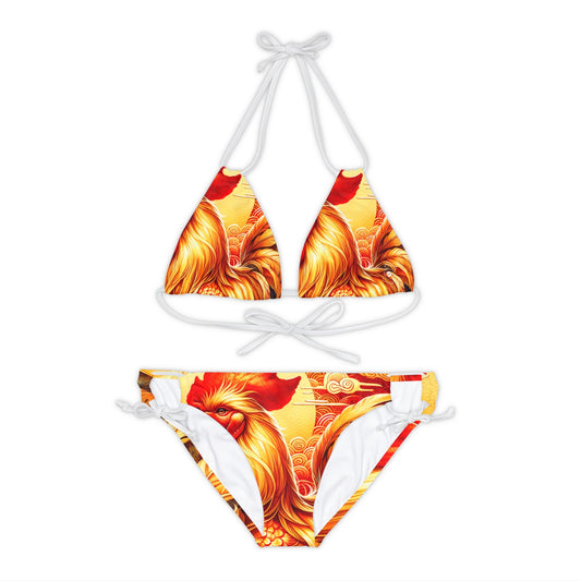 "Crimson Dawn: The Golden Rooster's Rebirth" - Lace - up Bikini Set - iSquaredYoga