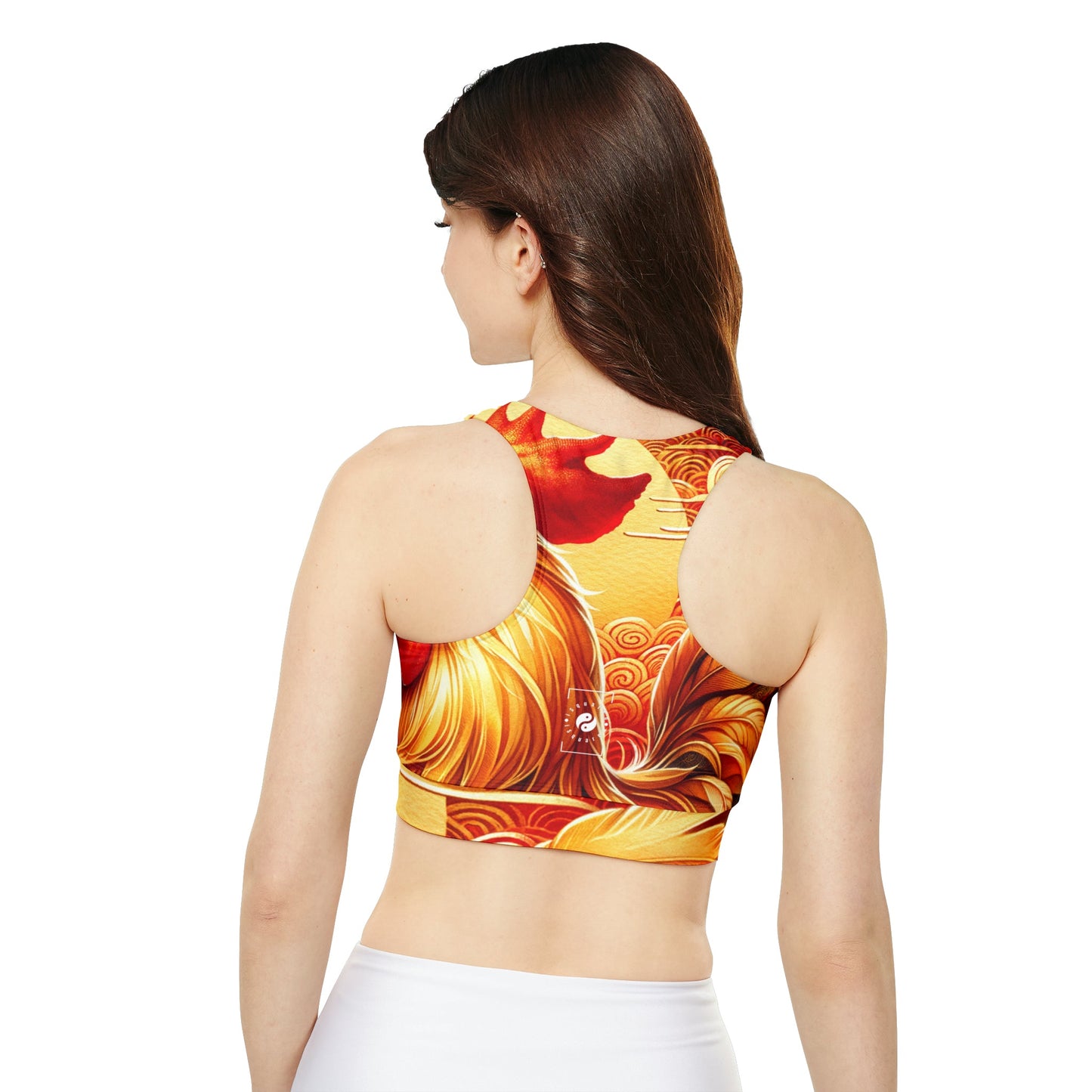 "Crimson Dawn: The Golden Rooster's Rebirth" - Lined & Padded Sports Bra - iSquaredYoga