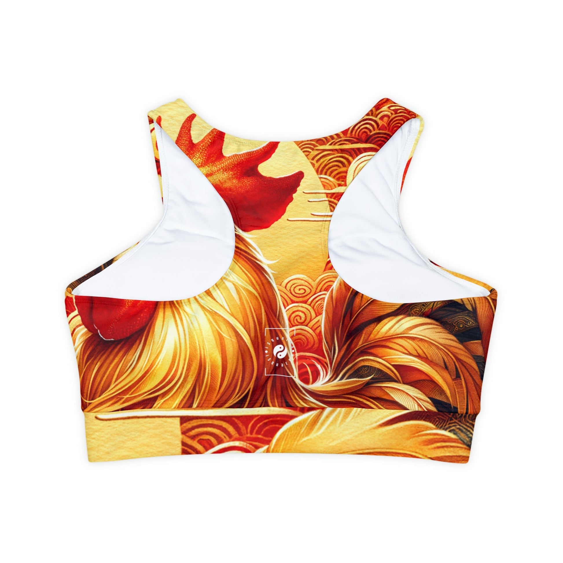 "Crimson Dawn: The Golden Rooster's Rebirth" - Lined & Padded Sports Bra - iSquaredYoga