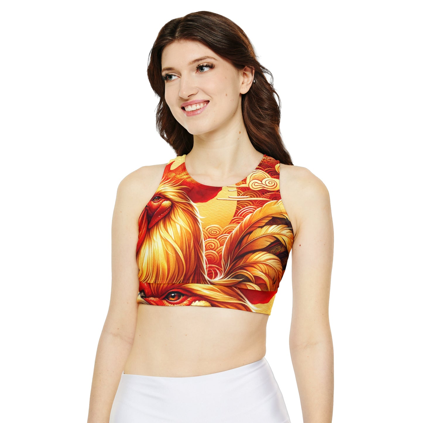 "Crimson Dawn: The Golden Rooster's Rebirth" - Lined & Padded Sports Bra - iSquaredYoga