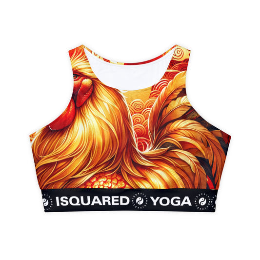 "Crimson Dawn: The Golden Rooster's Rebirth" - Lined & Padded Sports Bra - iSquaredYoga