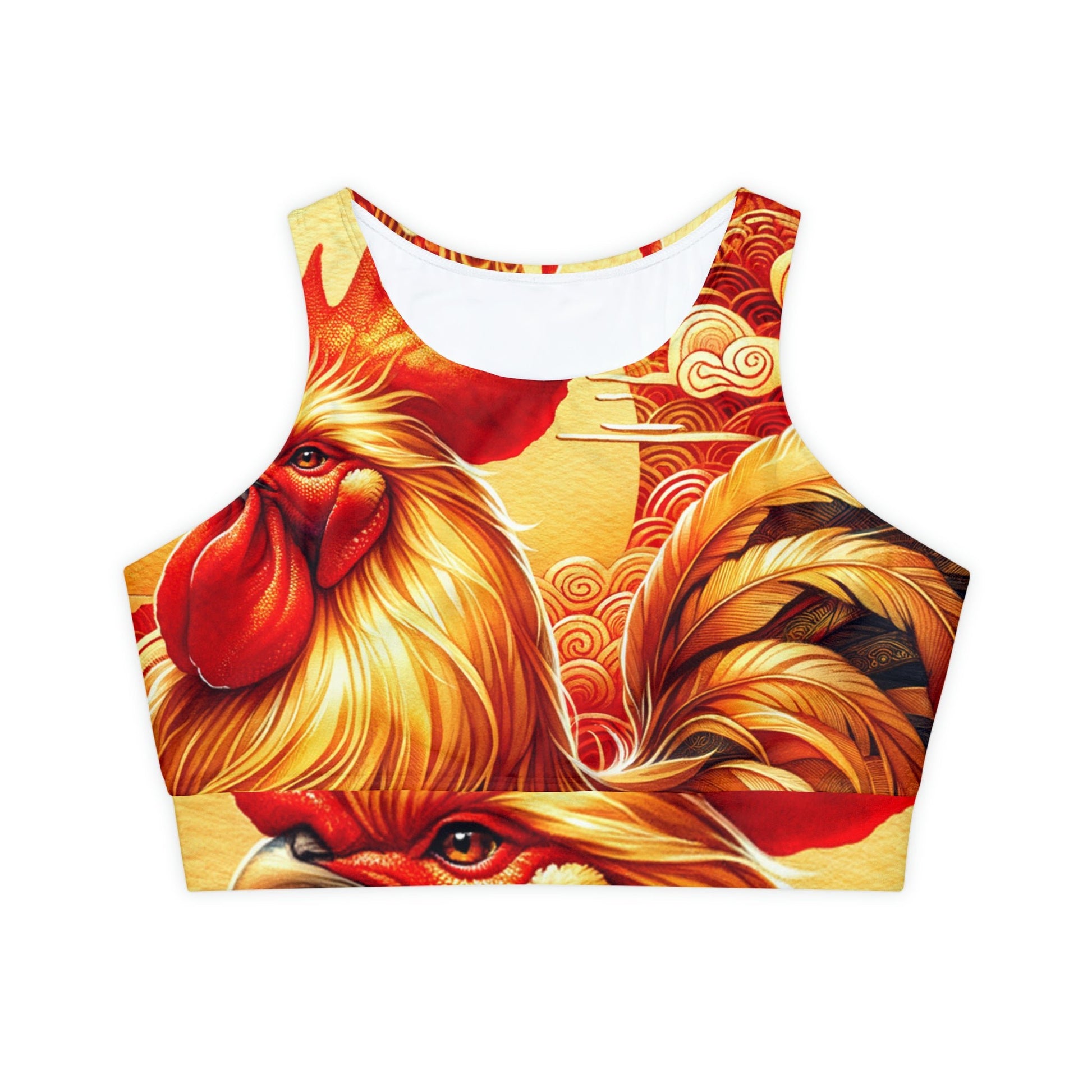 "Crimson Dawn: The Golden Rooster's Rebirth" - Lined & Padded Sports Bra - iSquaredYoga