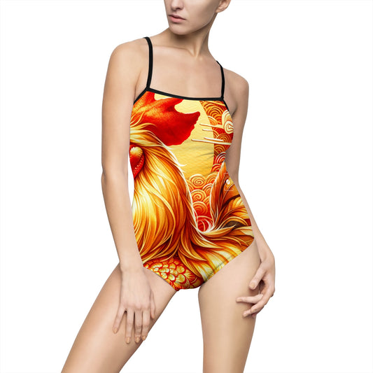 "Crimson Dawn: The Golden Rooster's Rebirth" - Openback Swimsuit - iSquaredYoga