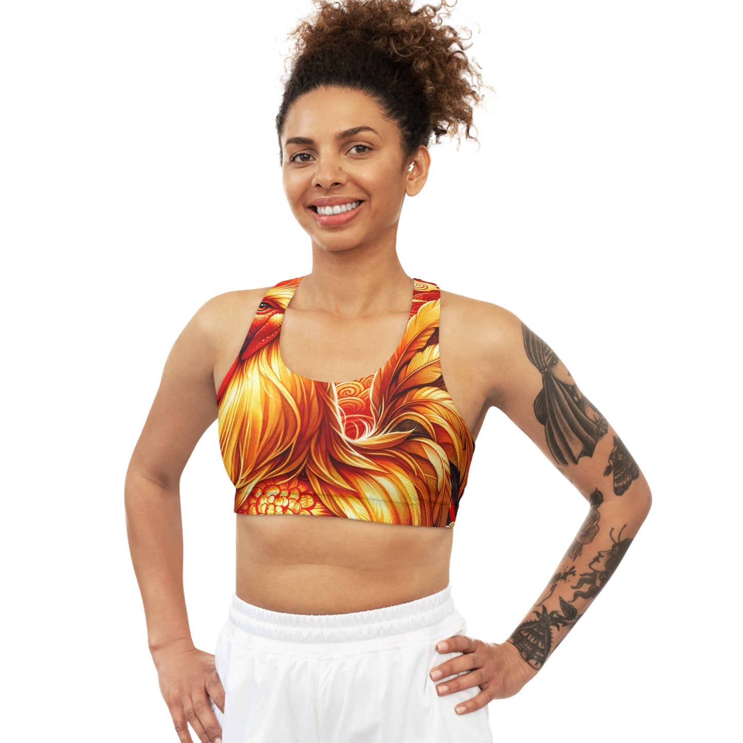 "Crimson Dawn: The Golden Rooster's Rebirth" - Seamless Sports Bra - iSquaredYoga