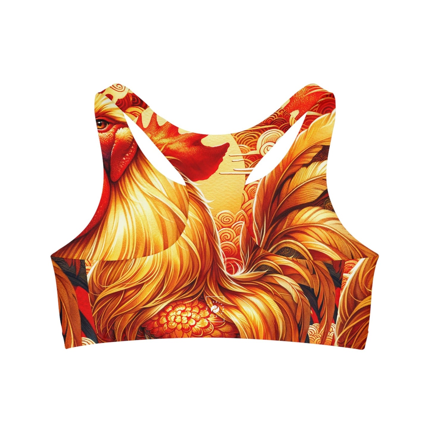 "Crimson Dawn: The Golden Rooster's Rebirth" - Seamless Sports Bra - iSquaredYoga