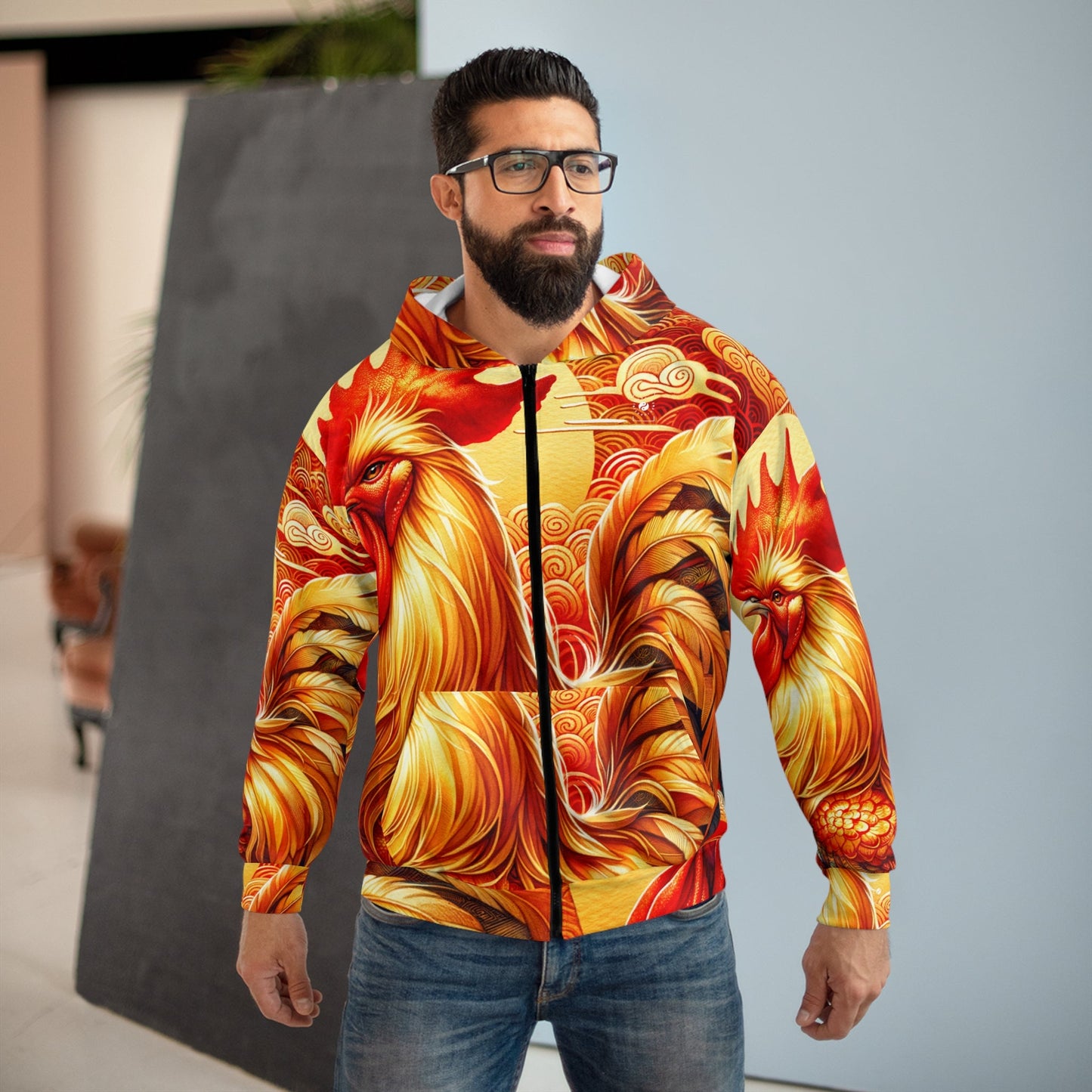 "Crimson Dawn: The Golden Rooster's Rebirth" - Zip Hoodie - iSquaredYoga