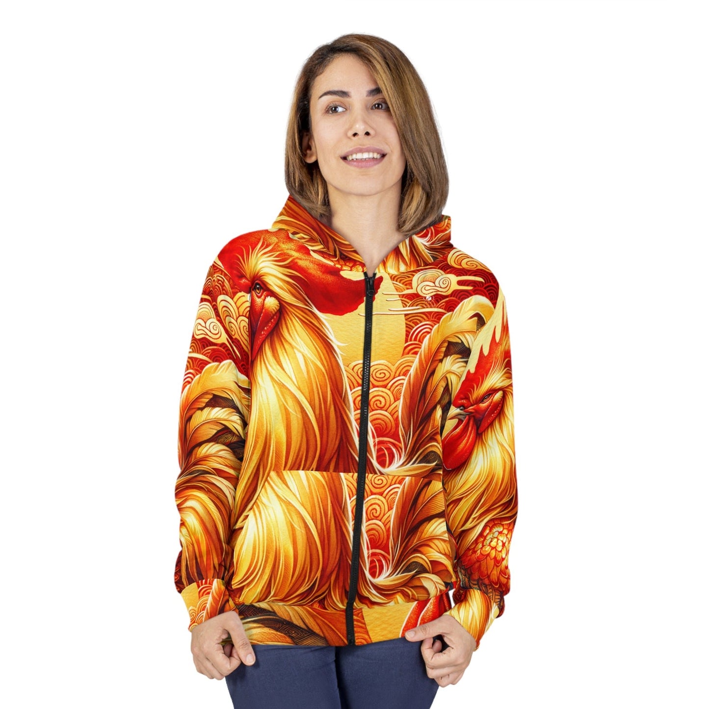 "Crimson Dawn: The Golden Rooster's Rebirth" - Zip Hoodie - iSquaredYoga