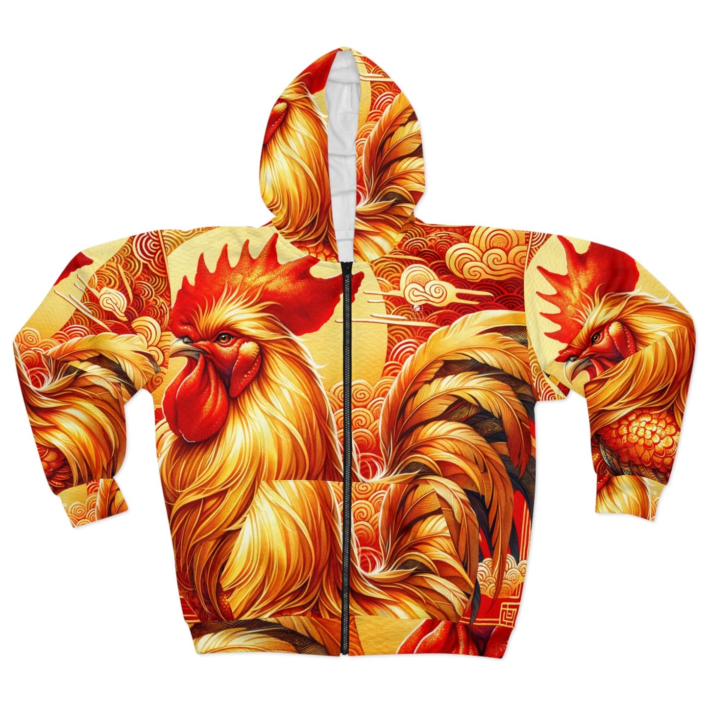 "Crimson Dawn: The Golden Rooster's Rebirth" - Zip Hoodie - iSquaredYoga