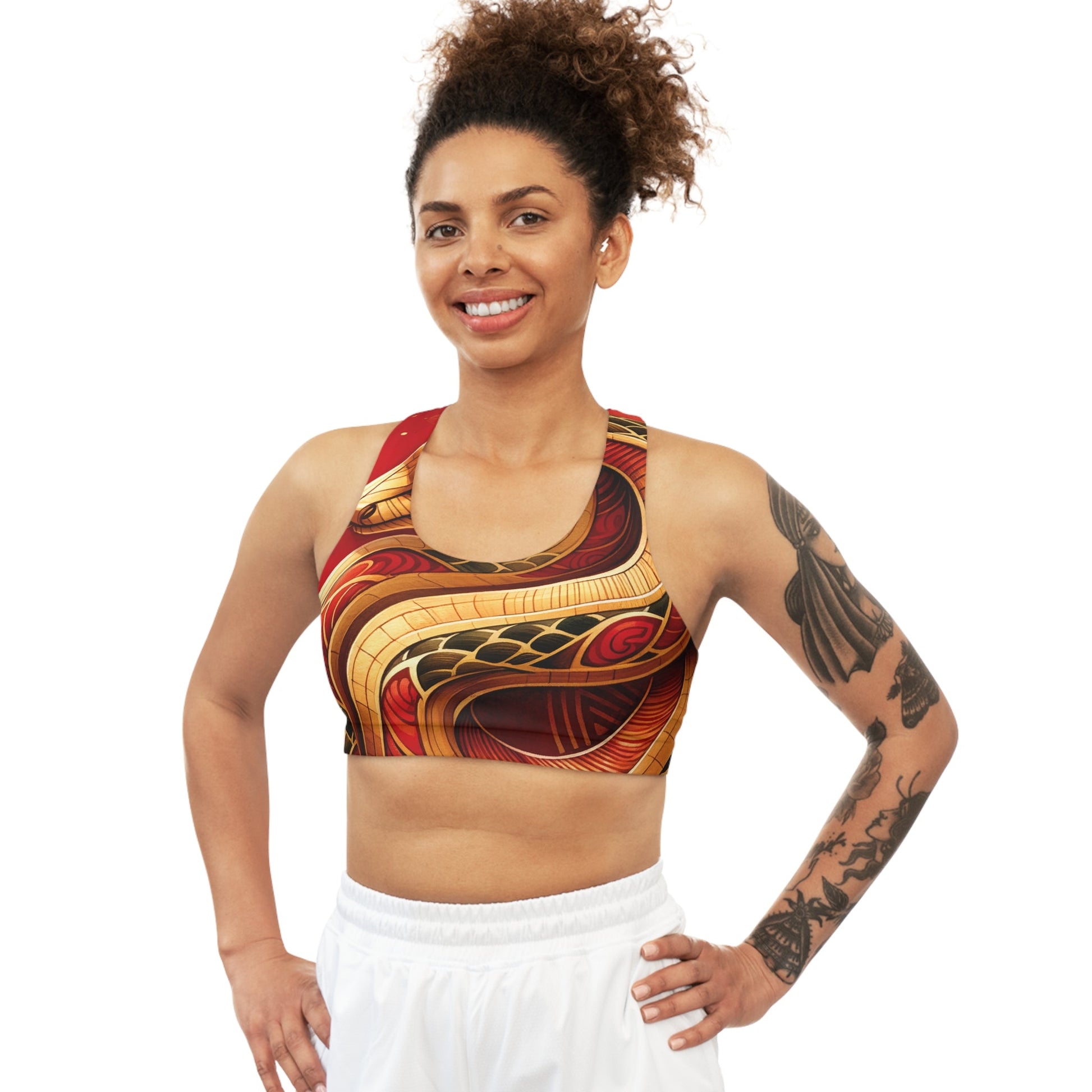 "Crimson Serenity: The Golden Snake" - Seamless Sports Bra - iSquaredYoga