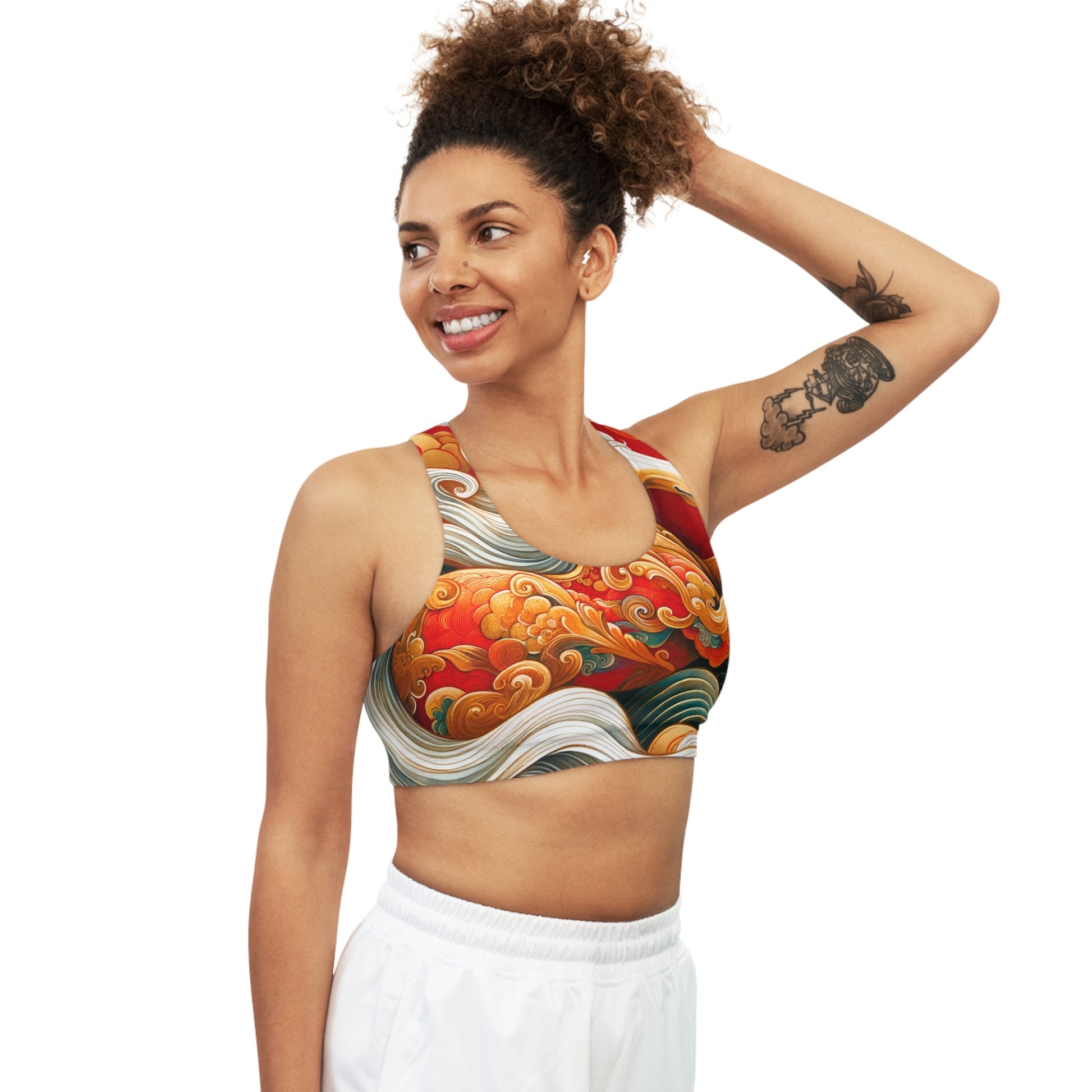 "Gold Gallop on Vermilion Vista: A Lunar New Year’s Ode" - Seamless Sports Bra - iSquaredYoga