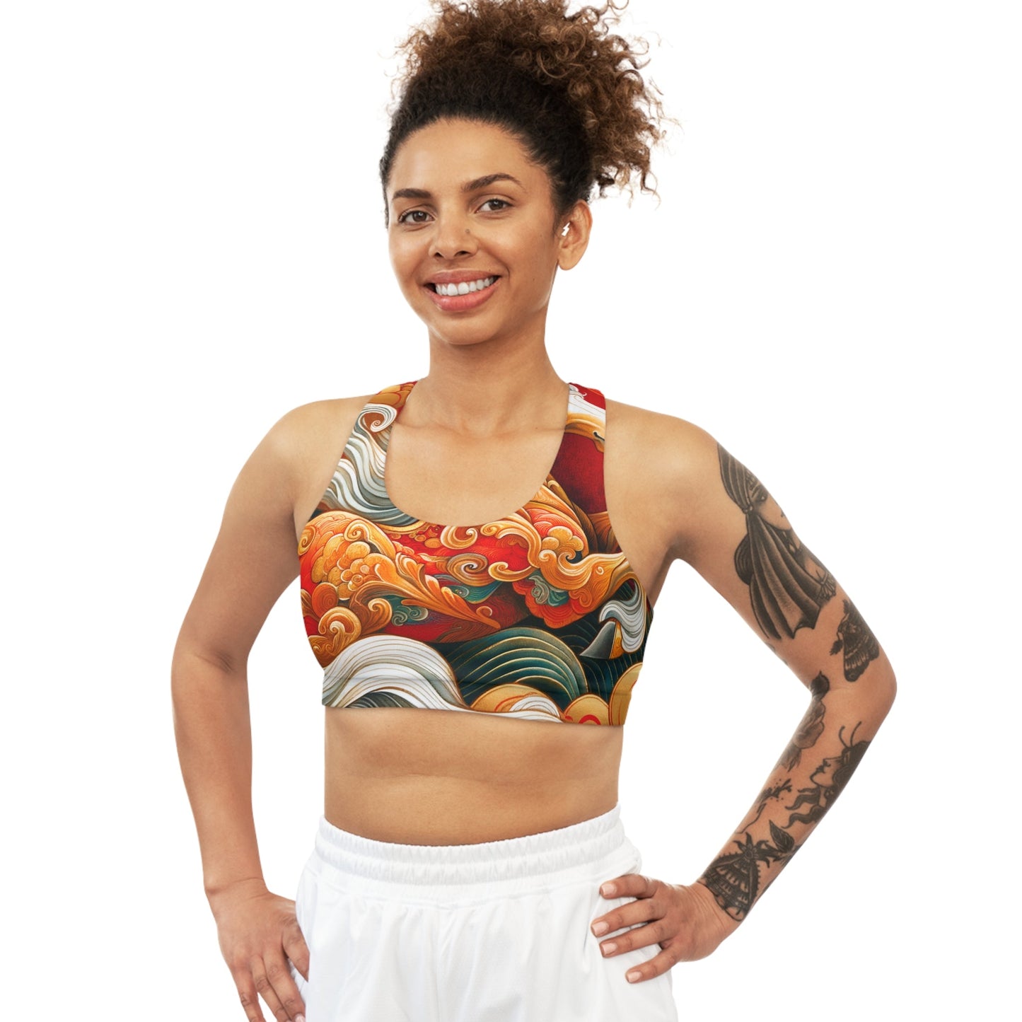 "Gold Gallop on Vermilion Vista: A Lunar New Year’s Ode" - Seamless Sports Bra - iSquaredYoga