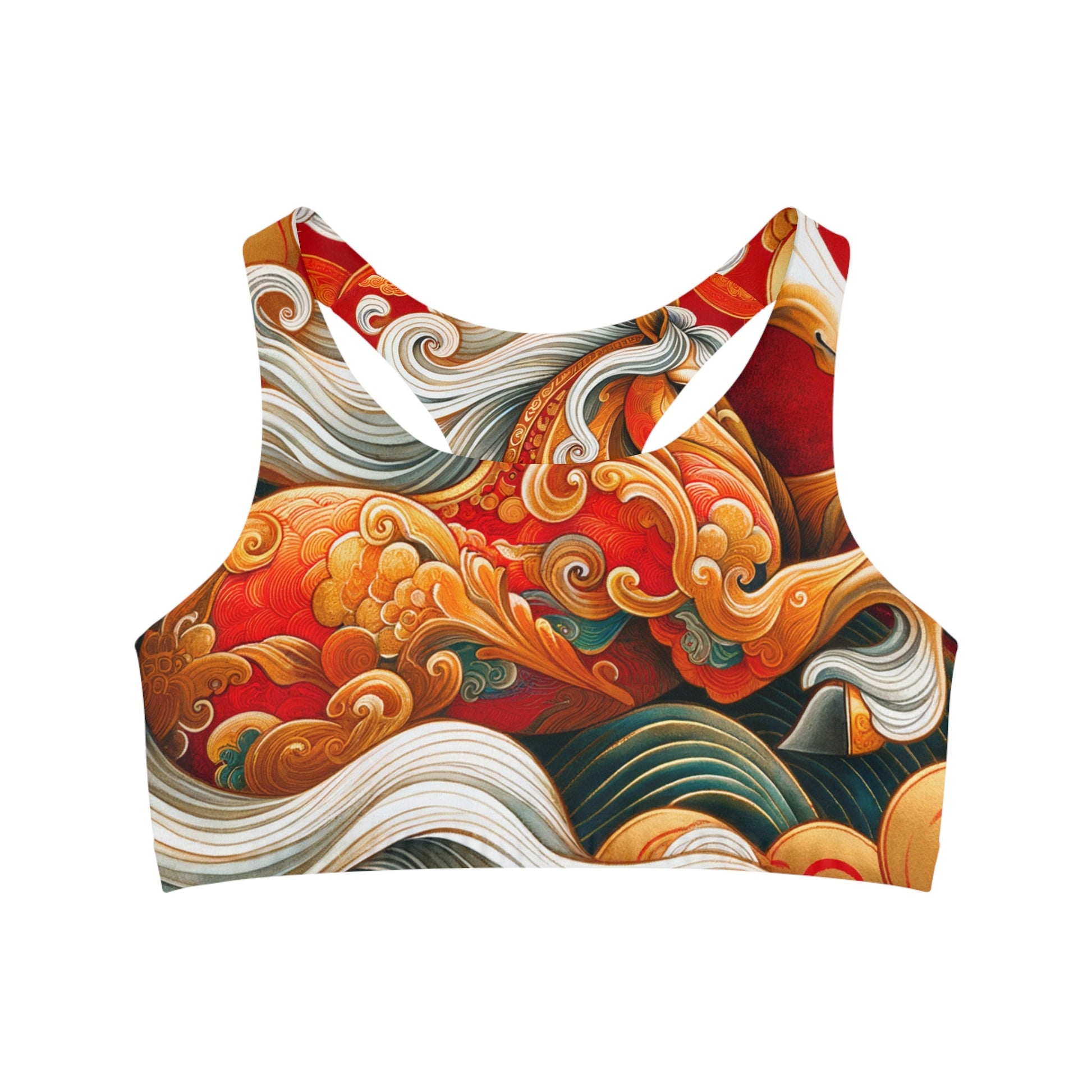 "Gold Gallop on Vermilion Vista: A Lunar New Year’s Ode" - Seamless Sports Bra - iSquaredYoga